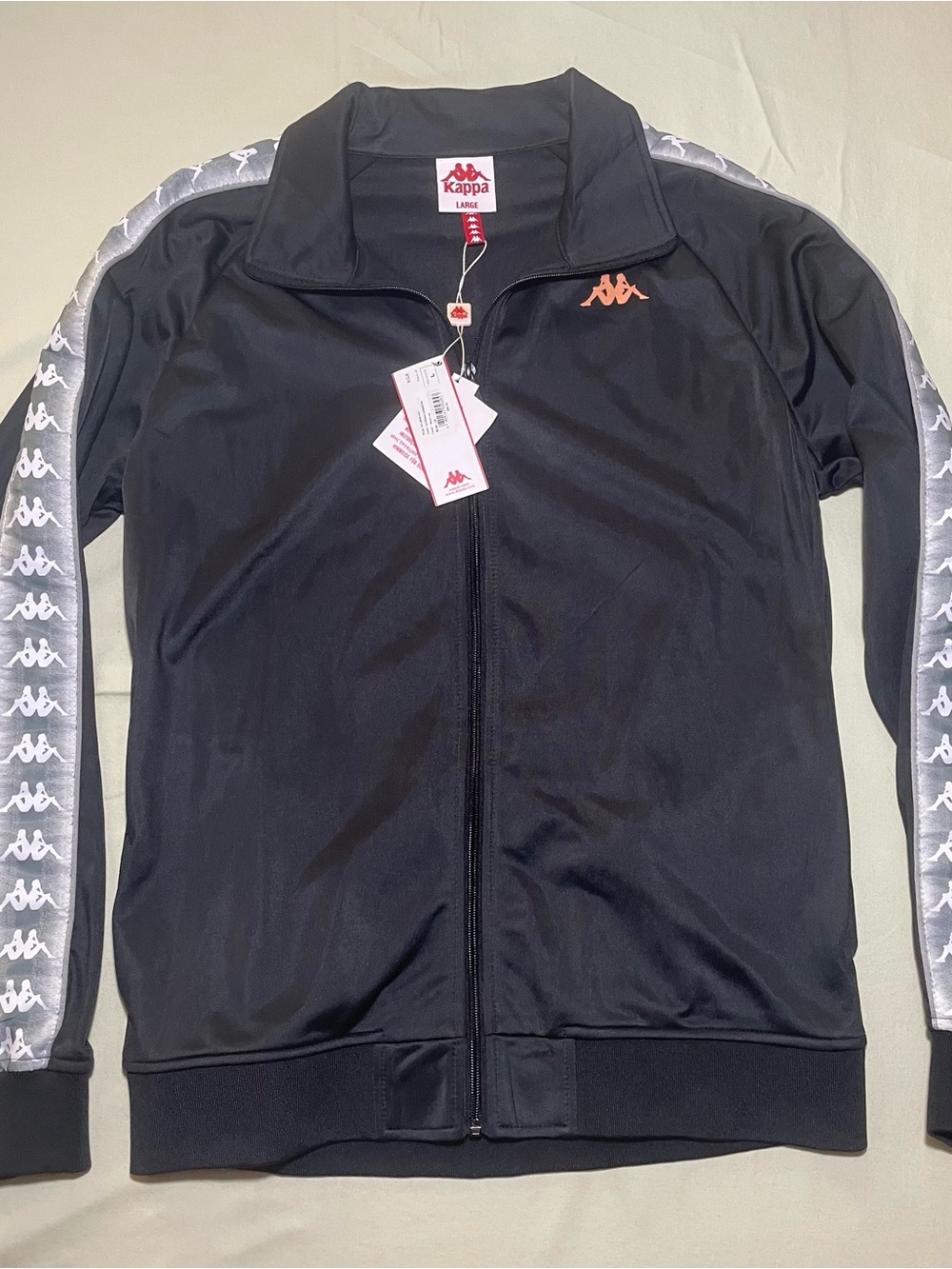 Kappa Track Jacket Slim Fit Black w/ Orange Logo Full Zip Mens L Large